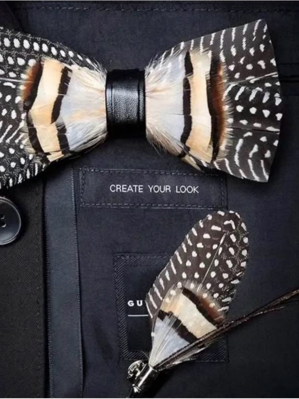 Feather Bow Tie and Lapel Pin Set - Black & Natural Feather